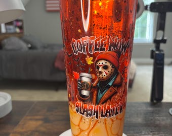 Coffee Now Later Snow Globe Tumbler 24oz, Iced Coffee Cup, Handmade Acrylic Glitter Waterfall Drinkware, Coffee Lover Gift
