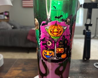 Witchy Halloween Snow Globe Tumbler 24oz, Witch Iced Coffee Cup, Handmade Acrylic Glitter Waterfall Drinkware, Spooky Fall Gift