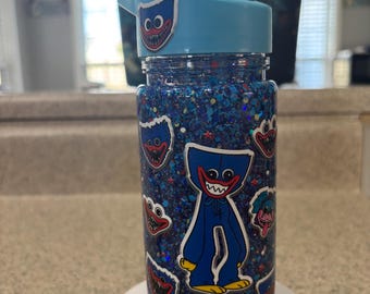 Kids Monster Snow Globe Tumbler 10oz, Blue Cartoon Flip Top Cup, Toddler Waterfall Drink Cup, Handmade Acrylic Kids Tumbler