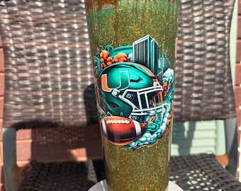 Miami Hurricanes Snow Globe Tumbler | 24oz Handmade Glitter Shaker Cup | Game Day Gift