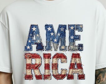 America Patchwork Flag Shirt, Patriotic USA Letter Tee, Fourth Of July Top, Vintage Red White Blue Gift, Freedom Matching T-Shirt