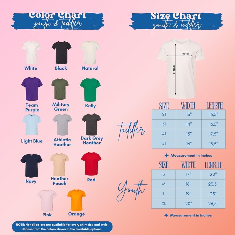 The image is a color chart and size chart for youth and toddler clothing, displaying various shirt colors and corresponding measurements for different age groups.
