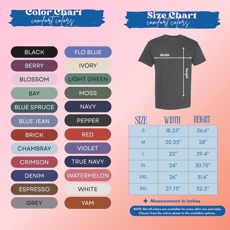The image is a color chart and size chart for a t-shirt, providing a visual representation of different color options and corresponding measurements.