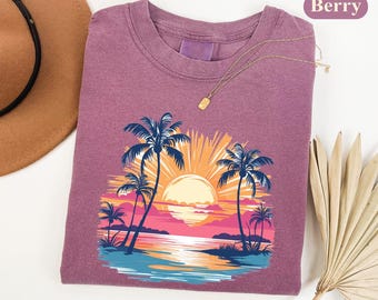 Tropical Sunset Palm Trees Shirt, Retro Beach Scene Tee, Island Vacation Top, Ocean Lover Gift, Summer Coastal Graphic T-Shirt