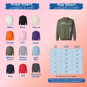 The image is a color chart and size chart for a variety of sweatshirts and hoodies. The color chart displays different color options, while the size chart provides corresponding measurements for each color.