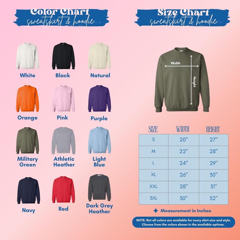 The image is a color chart and size chart for a variety of sweatshirts and hoodies. The color chart displays different color options, while the size chart provides corresponding measurements for each color.