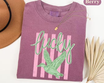 Lucky Duck Shirt, Cute Duck Graphic Tee, Pink Stripe Bird Top, Pastel Animal Gift, Trendy Spring Summer Style T-Shirt, Beach Holiday Top