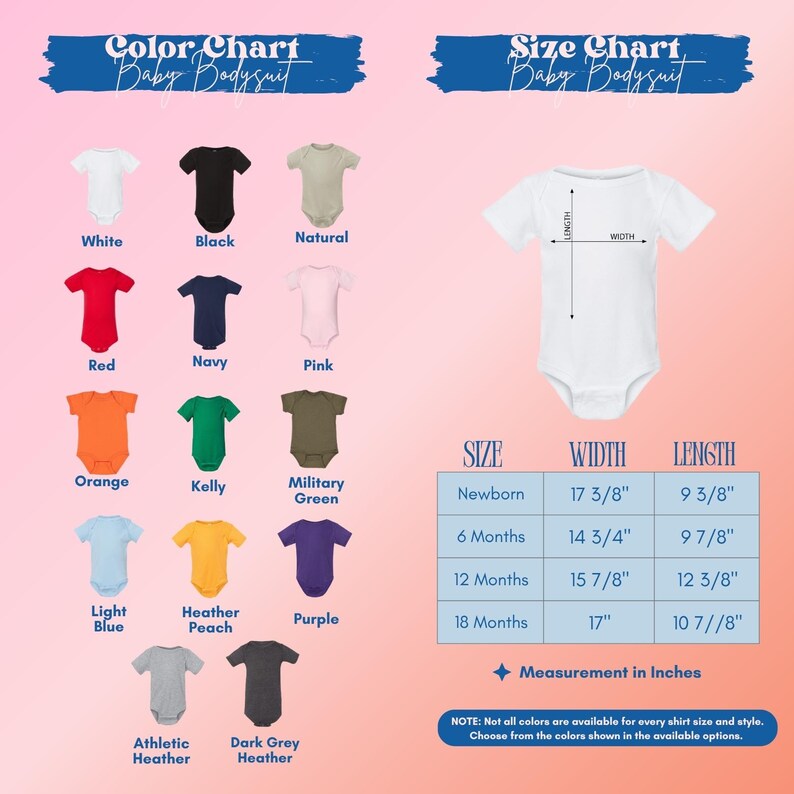 The image is a color chart for a baby bodysuit, displaying various color options and corresponding measurements.