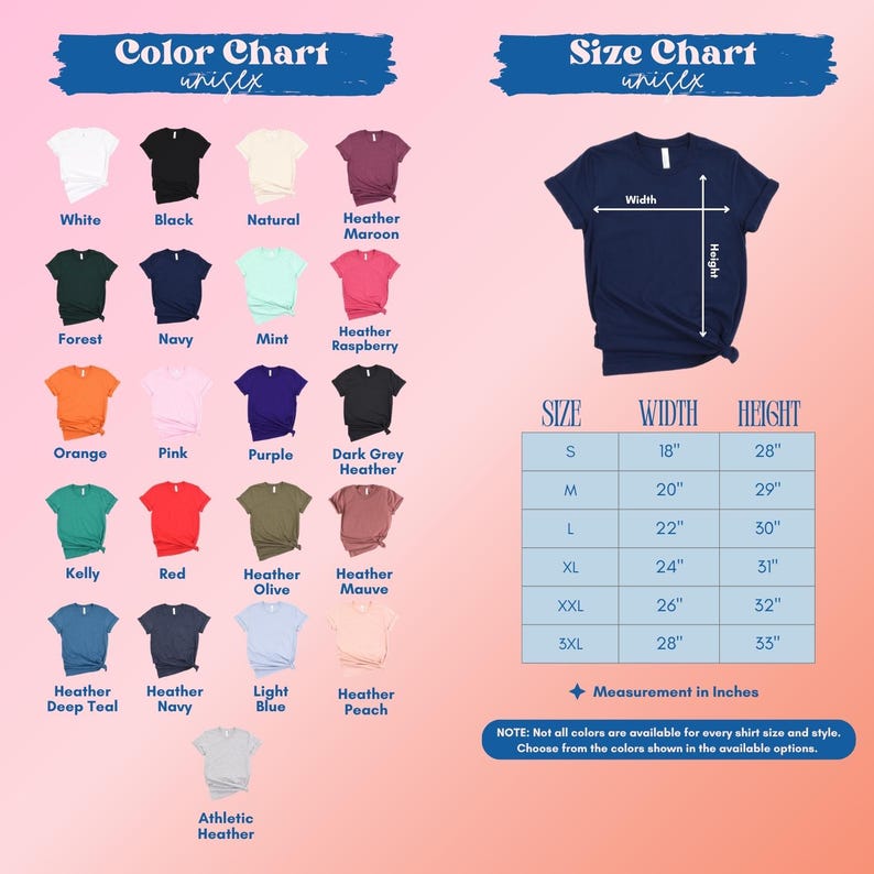 The image is a color chart with various t-shirt designs and their corresponding sizes, along with a size chart. The chart provides a visual representation of the different shirt sizes available for purchase, allowing customers to easily choose from the available options.