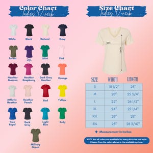 The image is a color chart and size chart for ladies' V-neck t-shirts. The chart displays various color options and corresponding measurements for the shirts, including sizes and widths.