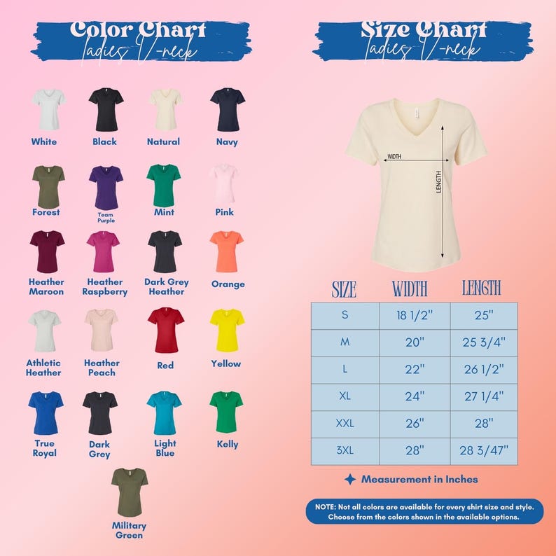 The image is a color chart and size chart for ladies' V-neck t-shirts. The chart displays various color options and corresponding measurements for the shirts, including sizes and widths.