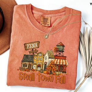 May include: A terracotta-colored t-shirt featuring a graphic of a small town street with houses, a water tower, pumpkins, and autumn trees. A wooden signpost displays the number 73301, and the text below reads Small Town Fall in orange letters.