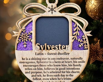 Marco de fotos personalizado de 5" con nombre, origen y significado / Espacio para fotos de 2x2 / Regalo navideño de recuerdo para padres, abuelos y seres queridos