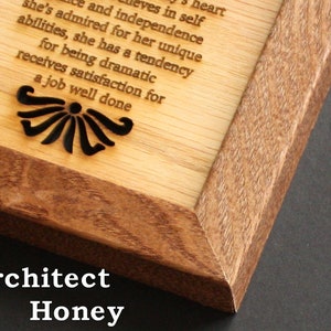 This shows a 5x7 inch frame option that can be purchased with your personalized mat. It is honey colored which matches the mat and is the 2nd most preferred choice.  The frame has a more flat appearance.