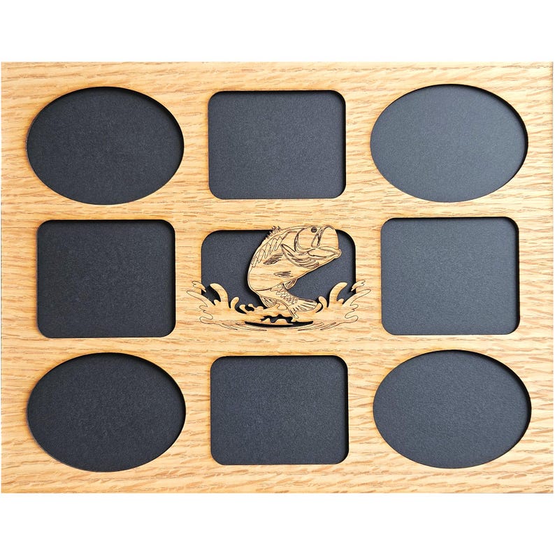 May include: A light brown wooden multi-photo frame featuring a natural wood grain finish. The frame contains nine openings: four oval-shaped, four rectangular, and one central rectangular opening decorated with a laser-cut fish jumping from water.