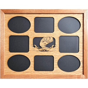 May include: A rectangular wooden collage picture frame with a light brown wood grain finish. It features nine openings: four oval, four rectangular, and one central rectangular cutout containing a laser-cut wooden fish jumping out of water.
