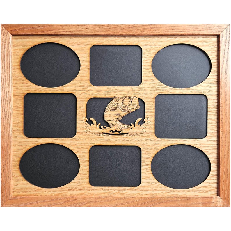 May include: A rectangular wooden collage picture frame with a light brown wood grain finish. It features nine openings: four oval, four rectangular, and one central rectangular cutout containing a laser-cut wooden fish jumping out of water.