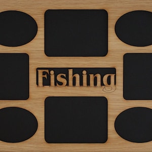 May include: A wooden picture frame with eight cutouts for photos. The frame is light brown and has the word "Fishing" carved into the wood.