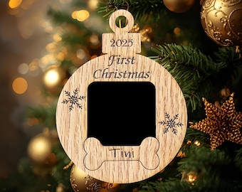 Adorno navideño personalizado de 7,6 cm para perro, marco de fotos, recuerdo de cachorro personalizado con nombre y año, regalo de madera grabado para mascota.