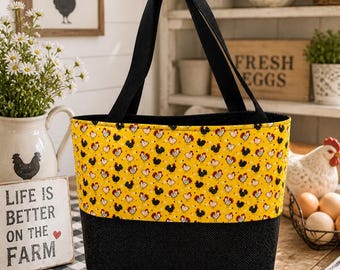 Farmhouse Chicken Tote | Yellow Hen Print Market Bag, Country Style Reusable Tote