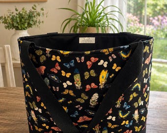 Butterfly & Feather Tote Bag – Handmade Black Fabric Carryall with Durable Straps