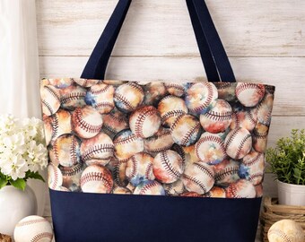 Watercolor Baseball Tote Bag – Navy Bottom Market Carryall – Sports Mom Shoulder Bag