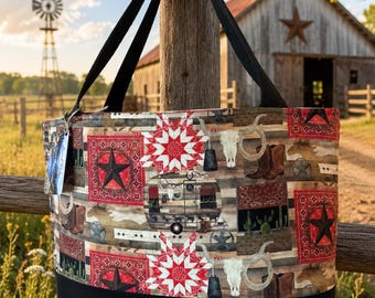 Patchwork Western Tote Bag | Cowboy Boots, Cow Skulls, Farmhouse Style Shoulder Bag