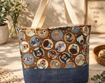Handmade Dog Lover Tote Bag, Cotton Canvas Puppy Print, Interior Pockets, Magnetic Snap