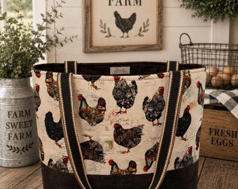 Farmhouse Chicken Tote Bag | Vintage Hen Market Bag, Leather Bottom
