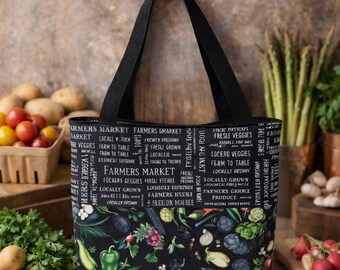 Handmade Lunch Tote Bag | Farmers Market Print | Reusable Fabric Tote