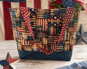 Handmade Patriotic Tote Bag | Vintage American Flag Patchwork, Star and Stripe Accents