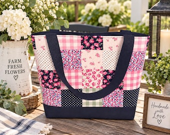 Handmade Patchwork Tote Bag | Pink Navy Floral Gingham Market Bag