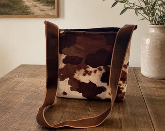 Handmade Cowhide Print Crossbody Bag | Western Farmhouse Shoulder Purse, Magnetic Snap
