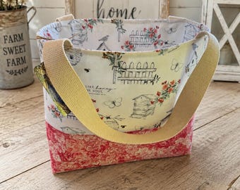 Proverbs “Kind Words Are Like Honey” Birdhouse & Floral Print Tote Bag, Handmade Everyday Carry Bag
