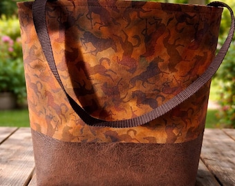 Western Horse Tote Bag | Rustic Faux Leather Bottom Market Purse | Southwestern Lining