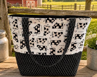 Handmade Cow & Chicken Print Tote Bag – Farmhouse Canvas Market Bag