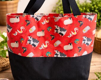 Large Handmade Farm Animal Tote | Lightly Quilted Red Fabric & Black Canvas Market Bag