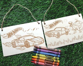Car Wheels Wall Art Coloring Kit - Wooden - Door hanger - Room - Gift - Prizes - Birthday Party Favors - Class - Dinosaur - Kids - Craft