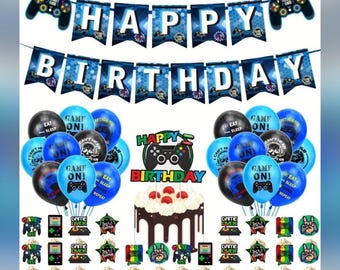 SET - Gamer Birthday Decorations / Party Supplies / Balloons / Cake Topper / Banner