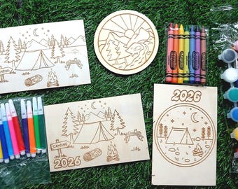 Wood Coloring Craft Kit - Fun Camping Activity Kids and Adults - Family - Memories - Keepsake - Gift - Yearly Camping / Road Trip - Souvenir