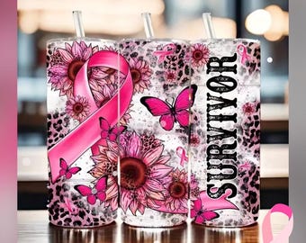 Pink Ribbon Breast Cancer Survivor Tumbler – 20 oz Stainless Steel Insulated Cup (Ships within 24 Hours) - Mothers Day