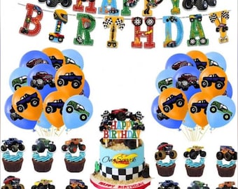 SET - Monster Trucks  Birthday Party Decorations / Party Supplies Kids / Balloons / Topper / Banner