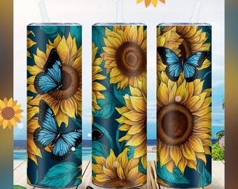 Sunflower and Butterflies Tumbler – 20 oz Stainless Steel Insulated Cup - Mothers Day (Ships within 24 Hours)