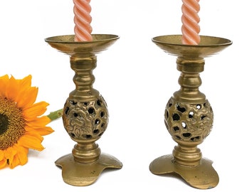 Brass Candlestick Holders, Unique Taper Candle Holders, Set of 2 Candleholders, Vintage Brass Candle Holders, Brass Candle Set