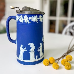 Antique Wedgwood Jasperware Lidded Pitcher 7.5&quot;, Dark Blue Jasperware, Blue & White Ceramic Jug, Made in England Collectible Pottery,