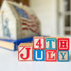 4th of July Vintage Wooden Alphabet Blocks, Patriotic Decor, Fourth of July Decor, Independence Day Word Art, Red White and Blue Americana