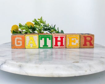 Gather Sign, Wooden Alphabet Blocks Word Art, Vintage Thanksgiving Decor, Harvest Home Decorations, Fall Farmhouse, Autumn Home Decor