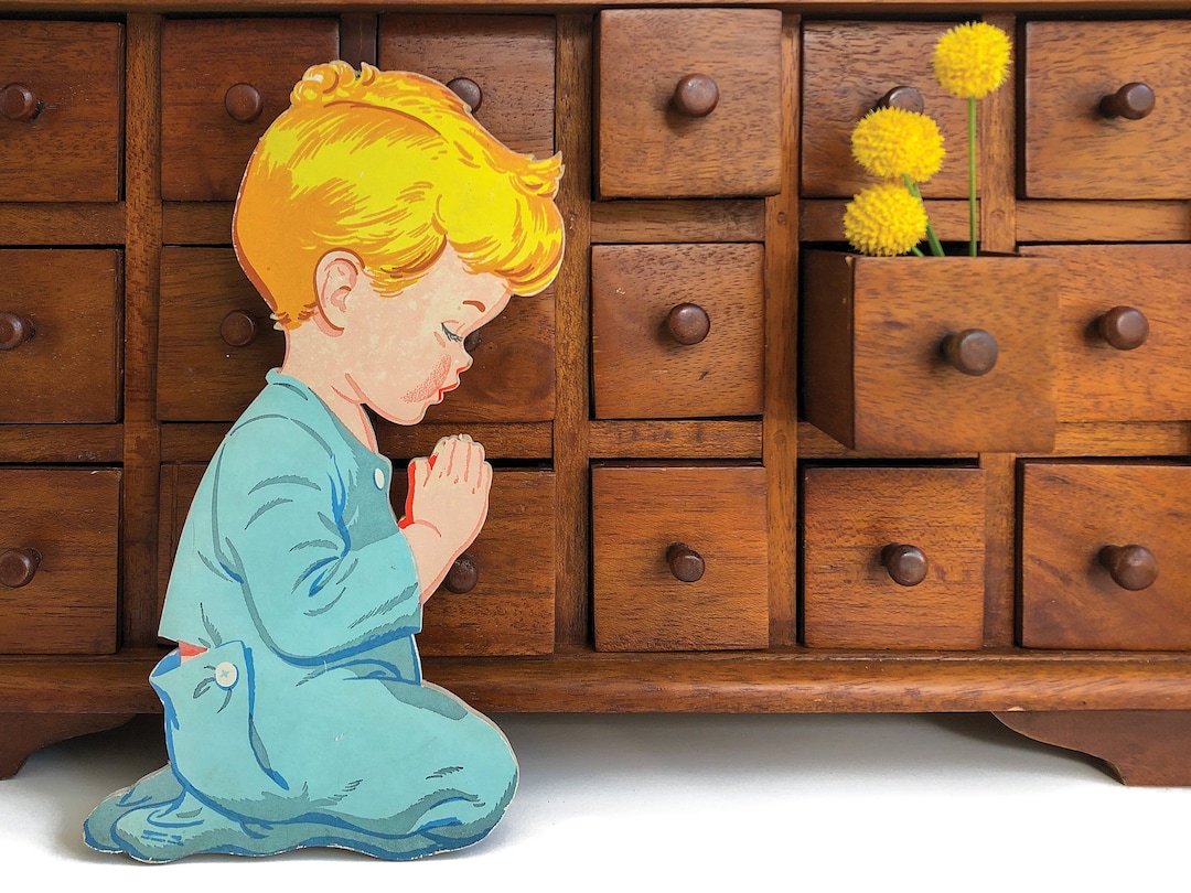 Praying Boy Wall Art, 1950's Bedtime Prayers Wall Hanging, Kneeling