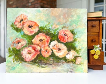 Vintage Floral Painting, Original Artwork, 20" x 16" Vintage Wall Art, Painting of a Bouquet of Pink Flowers on Board, Unframed Artwork