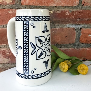 Ceramarte Blue Delft Beer Stein, Ceramic Floral Beer Mug, Anheuser Busch Budweiser, 70&#39;s Barware, Vintage Breweriania, Stoneware Beer Stein